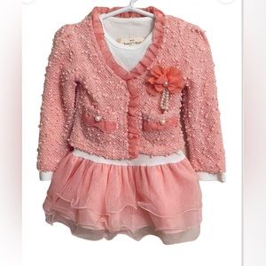 Girls Pink Lace Jacket Coat Tutu Dress Flower Pearls 2 piece Size 2/3T NEW